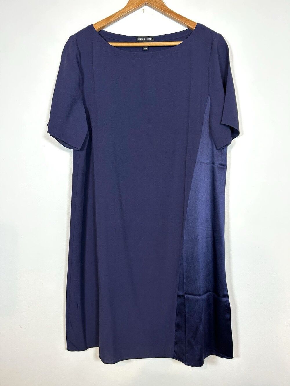 Eileen Fisher Silk Shift Dress Womens Medium Navy Satin Side Panel Short Sleeve